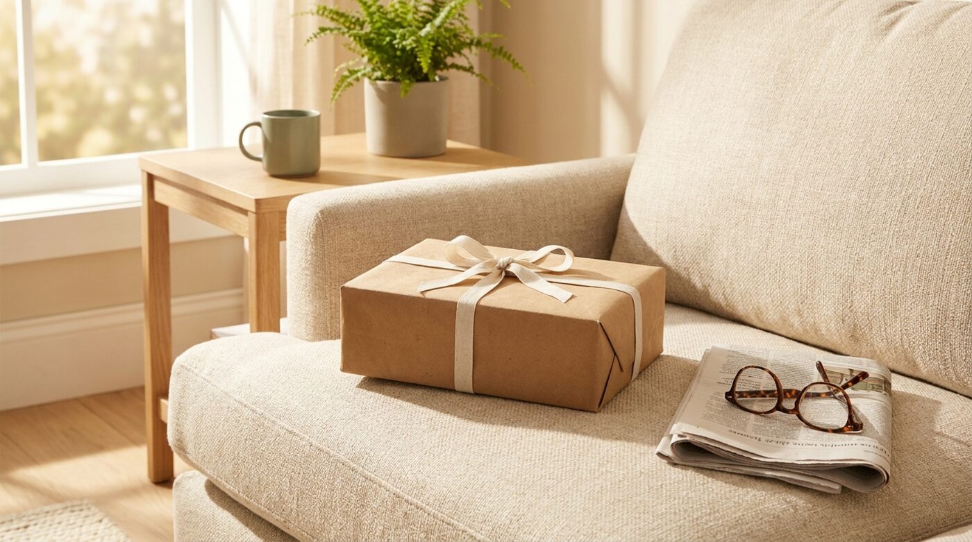 Wrapped gift box with a ribbon resting on a cozy sofa