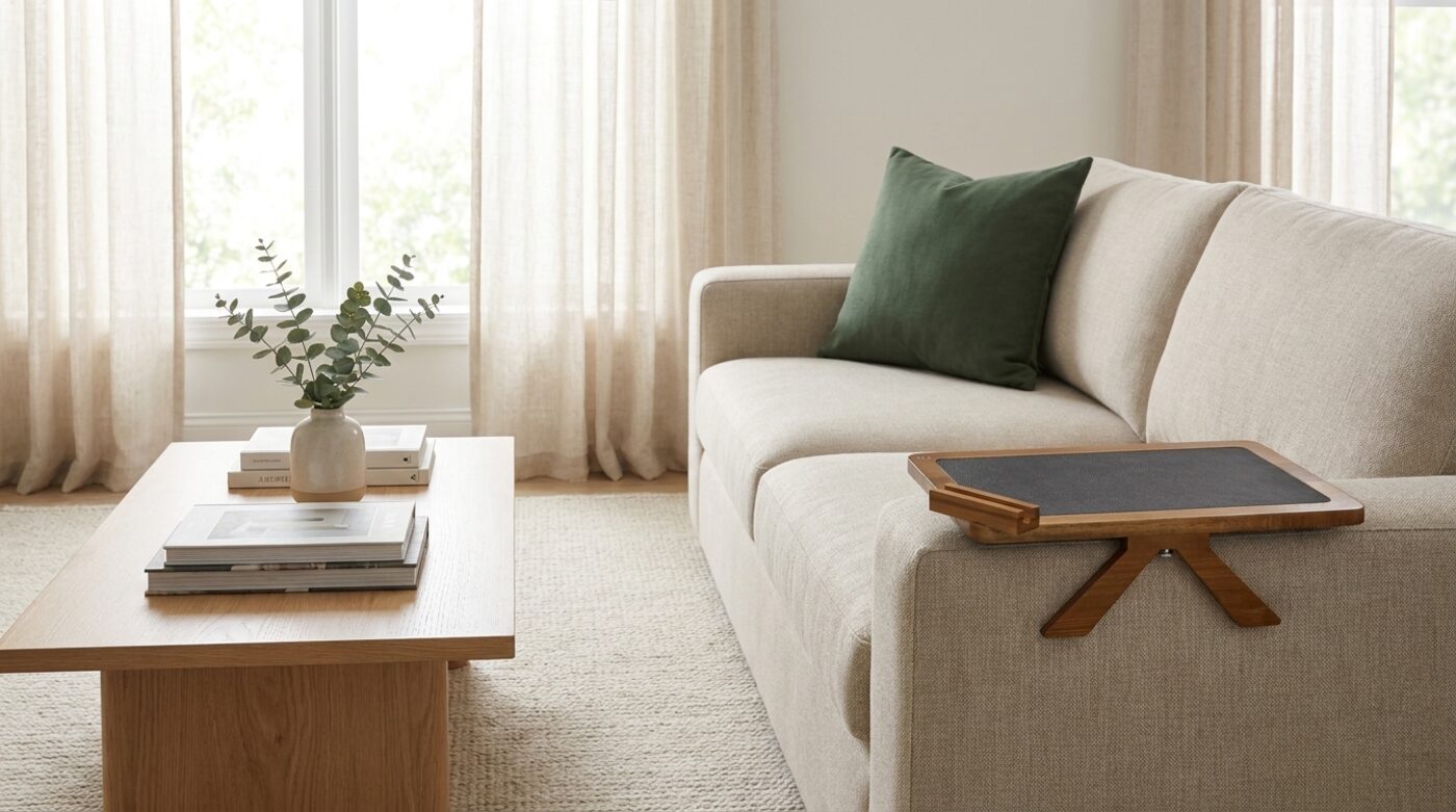 Acacia arm tray on a sofa in a bright styled living room