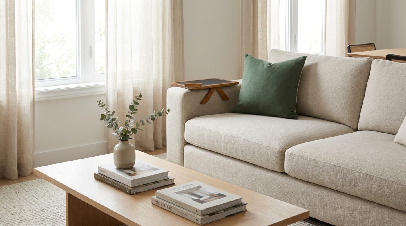 Arm tray on a sofa armrest in a sunlit living room with plants