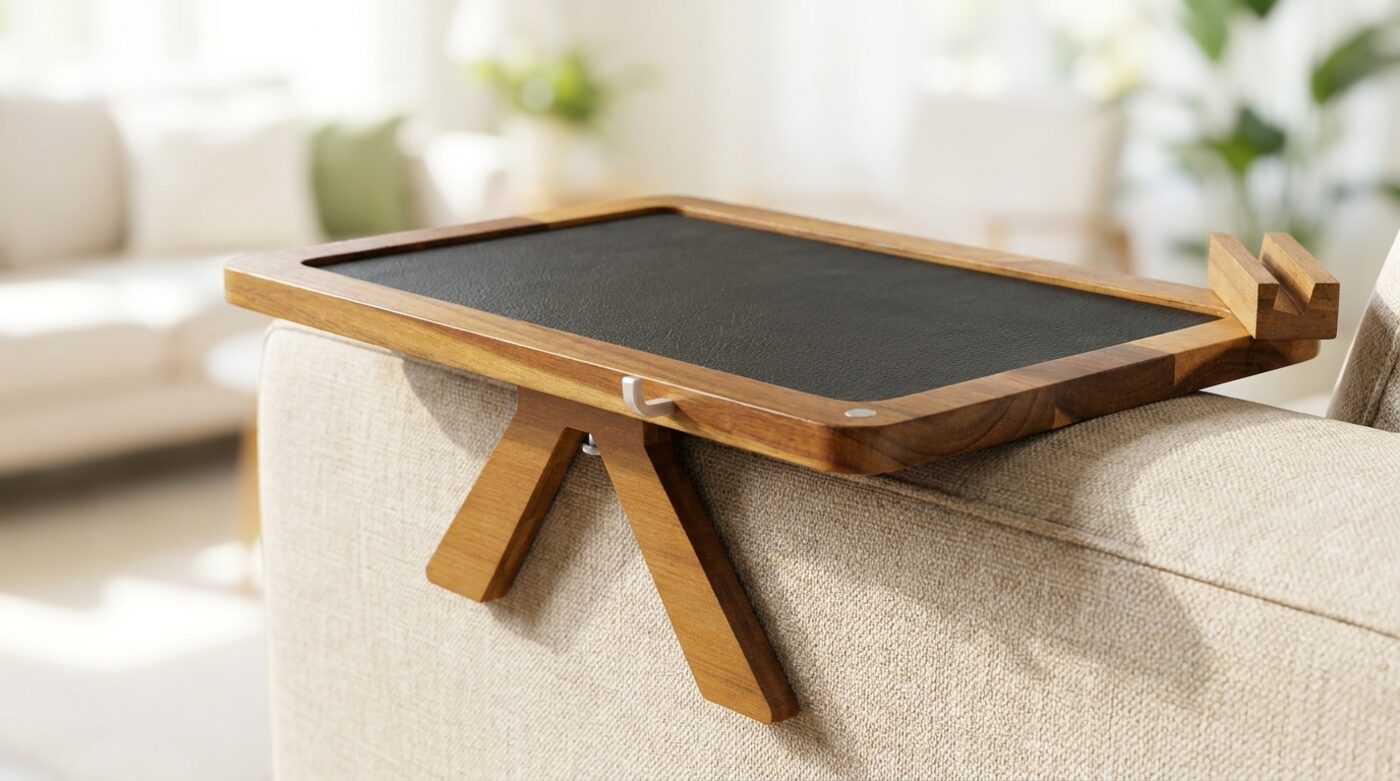 Close-up of the arm tray clamped on an oatmeal sofa armrest