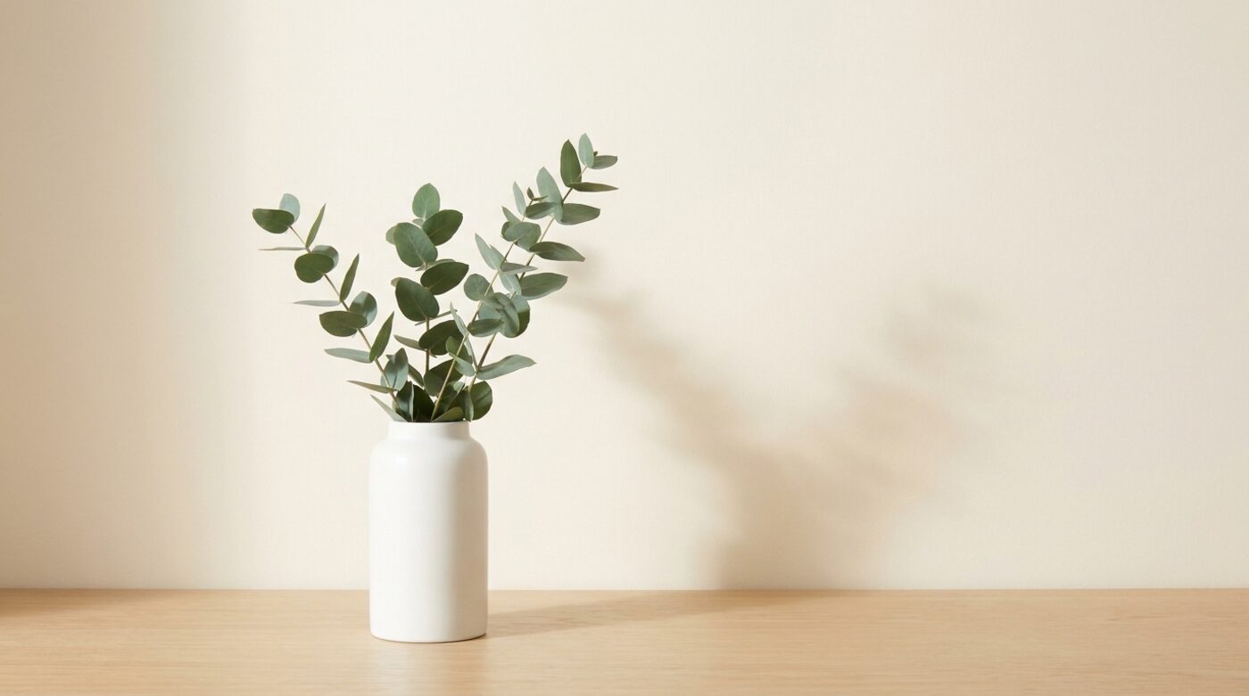 Eucalyptus stems in a white vase in soft daylight