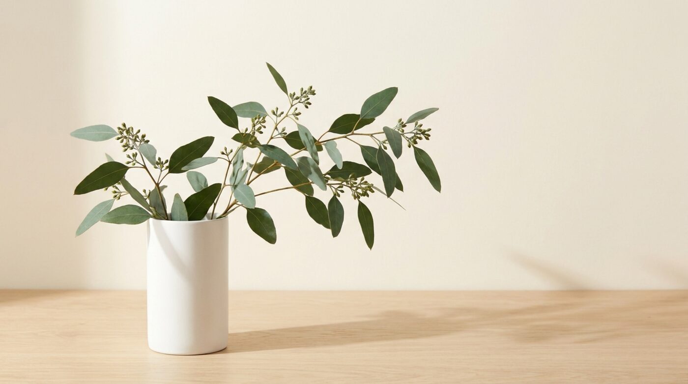 Eucalyptus stems in a white vase on a wood table